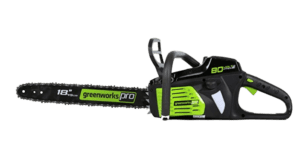 Greenworks Pro 80V chainsaw with a brushless electric motor and a powerful battery. 
